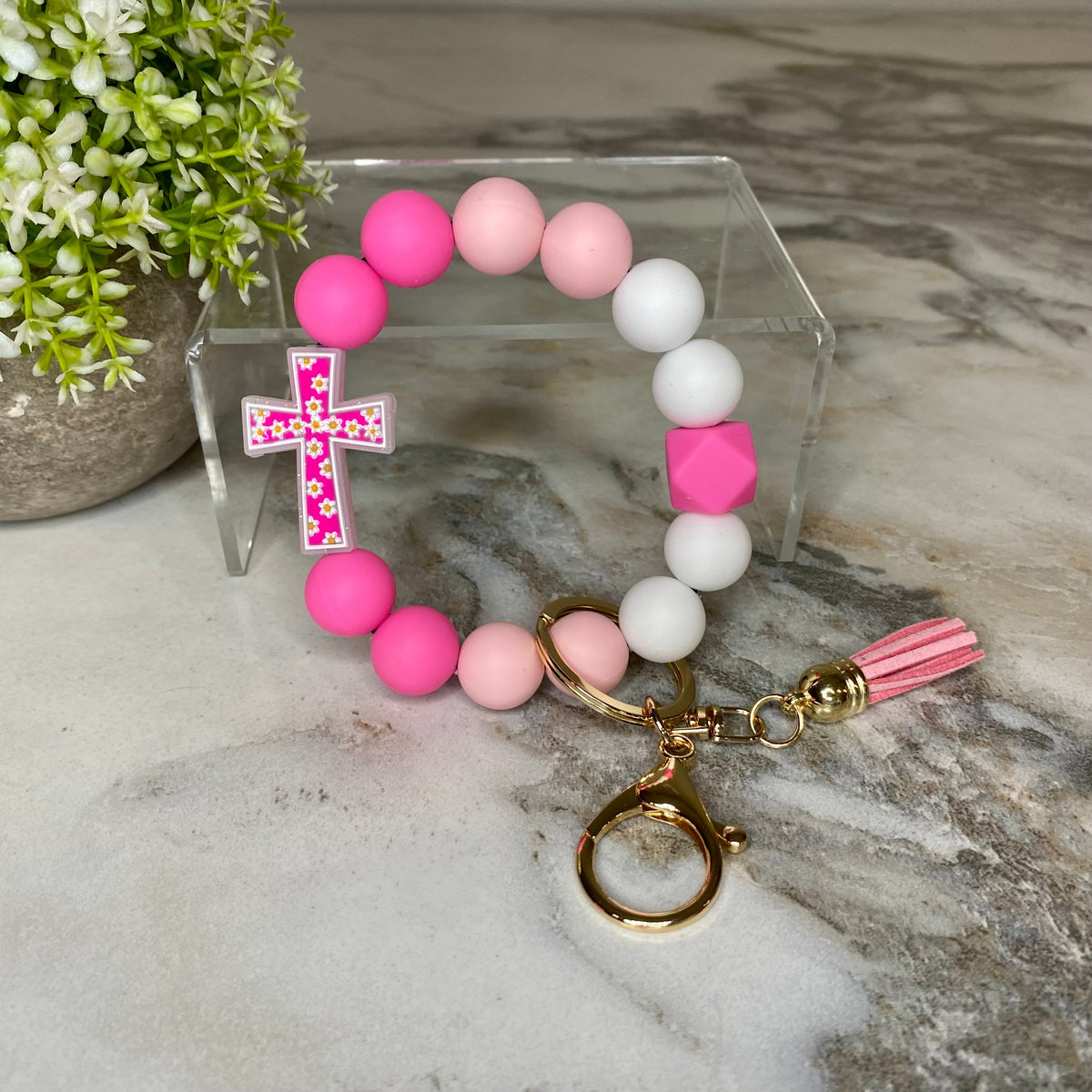 Silicone Bracelet Keychain - Cross - Hot Pink