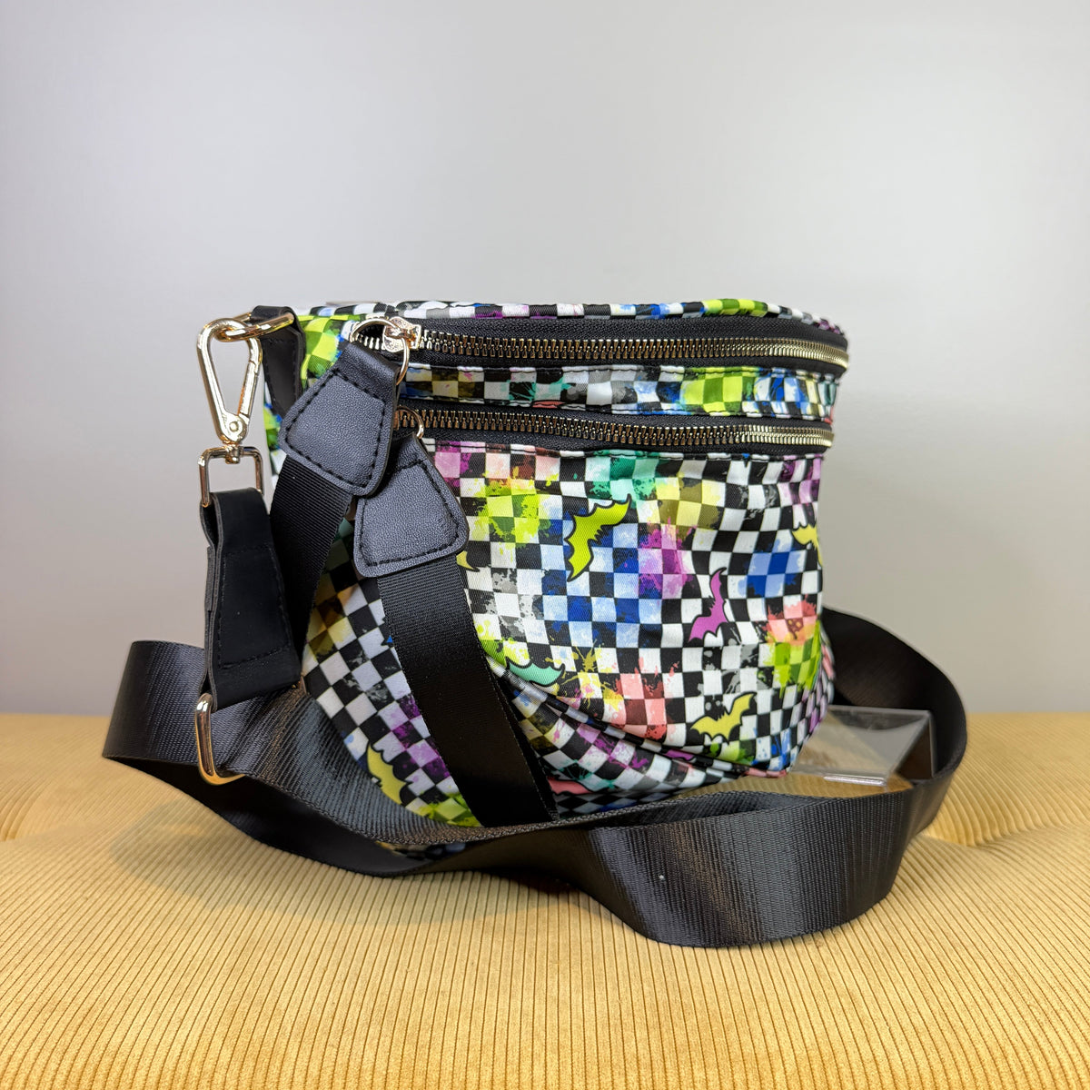 The Roni Nylon Crossbody - Rainbow Bat Checker