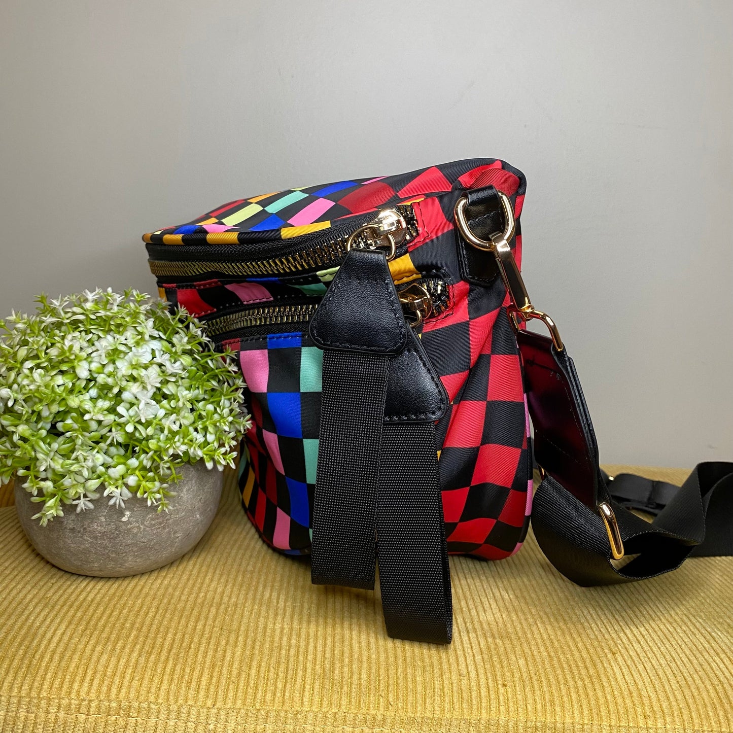 Roni - Nylon Crossbody - Colorful Checkered on Black