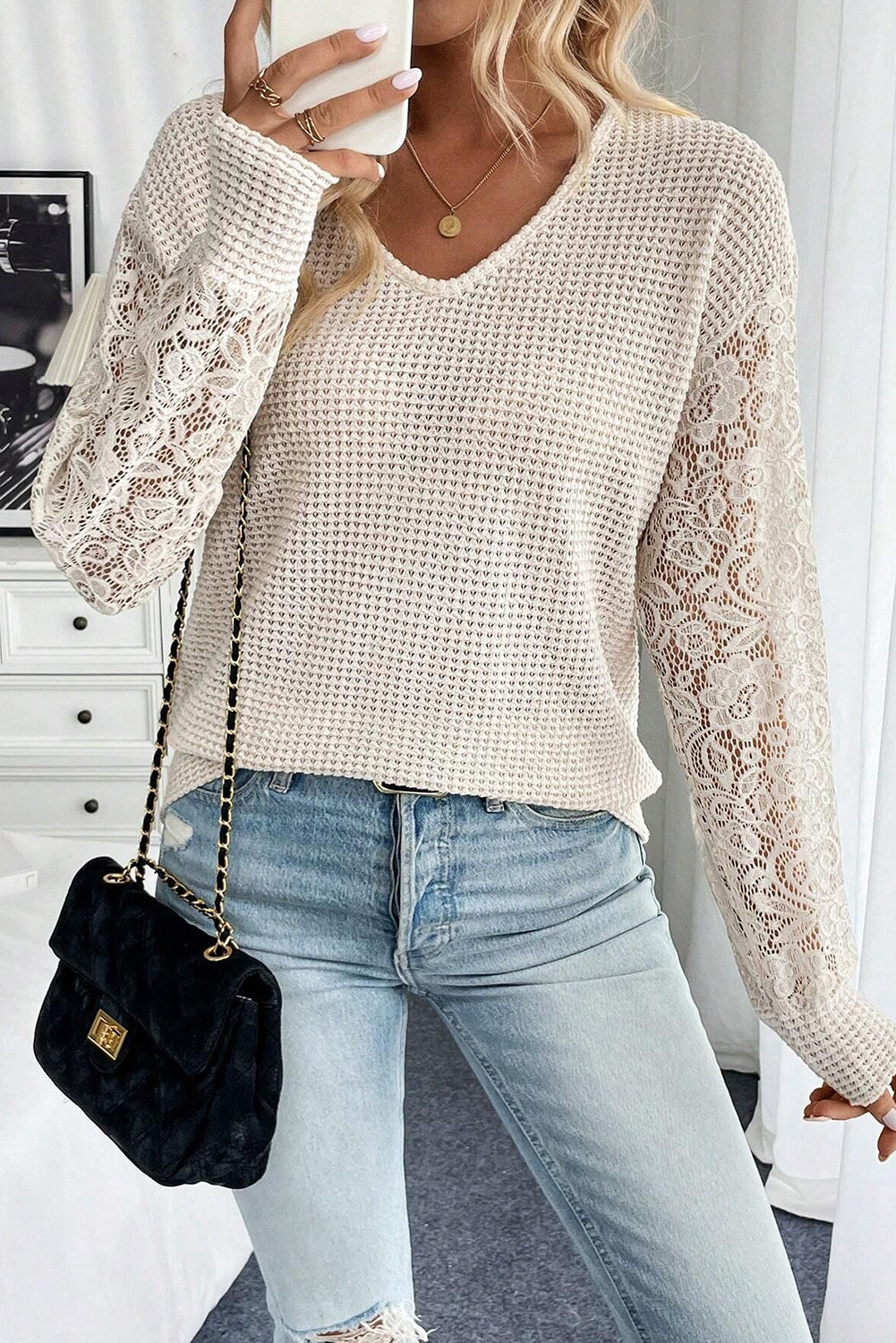 Beige Lace Sleeve Top FB