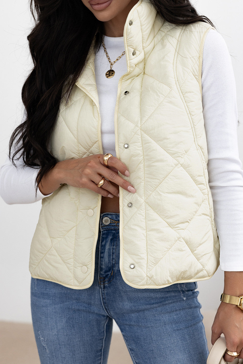 Beige Quilted High Neck Vest FB