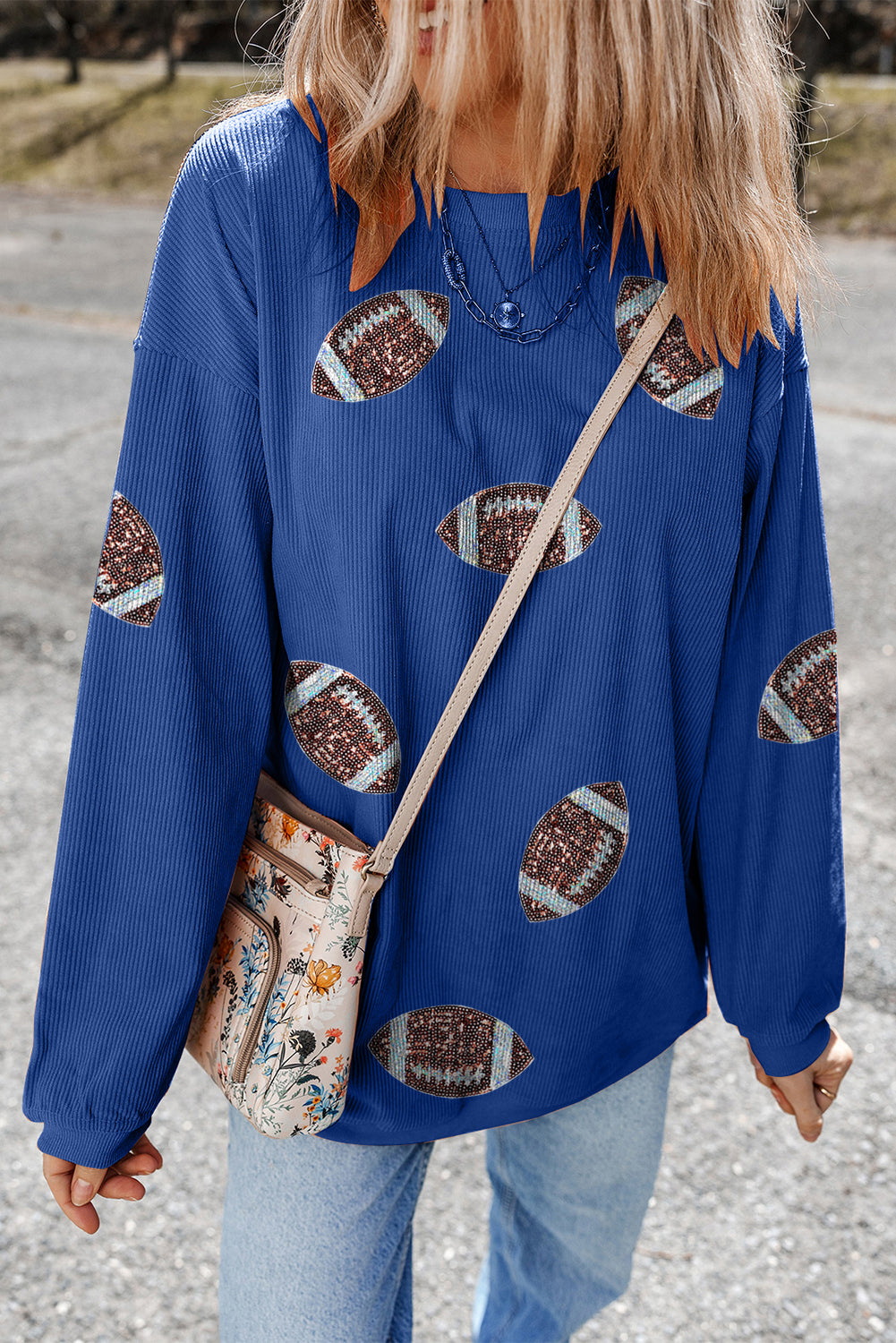 Blue Ribbed Sequin Football Sweatshirt RTS