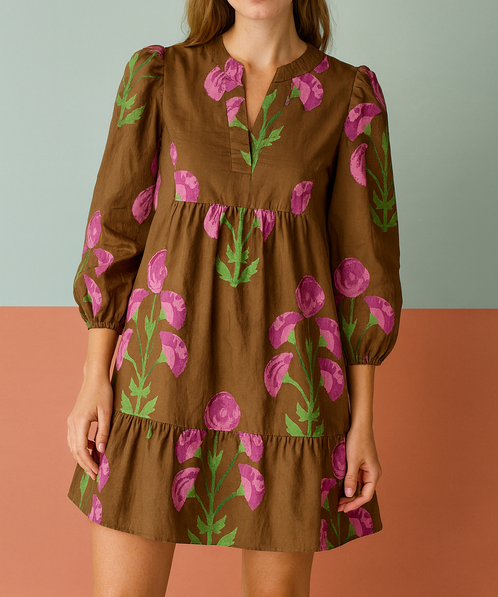 Brown Floral Ruffled Dress FB