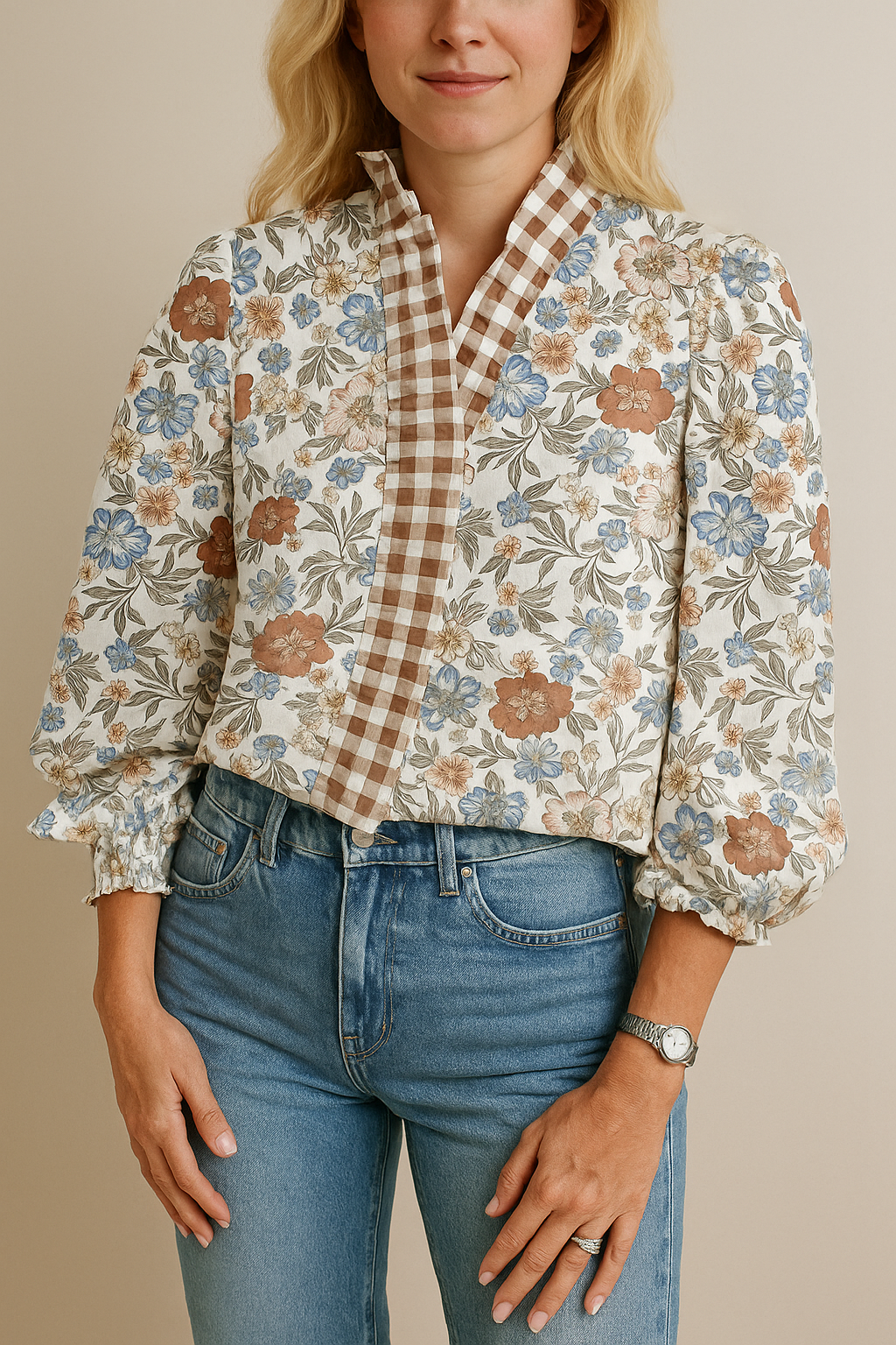Brown Plaid Trim Floral Blouse FB