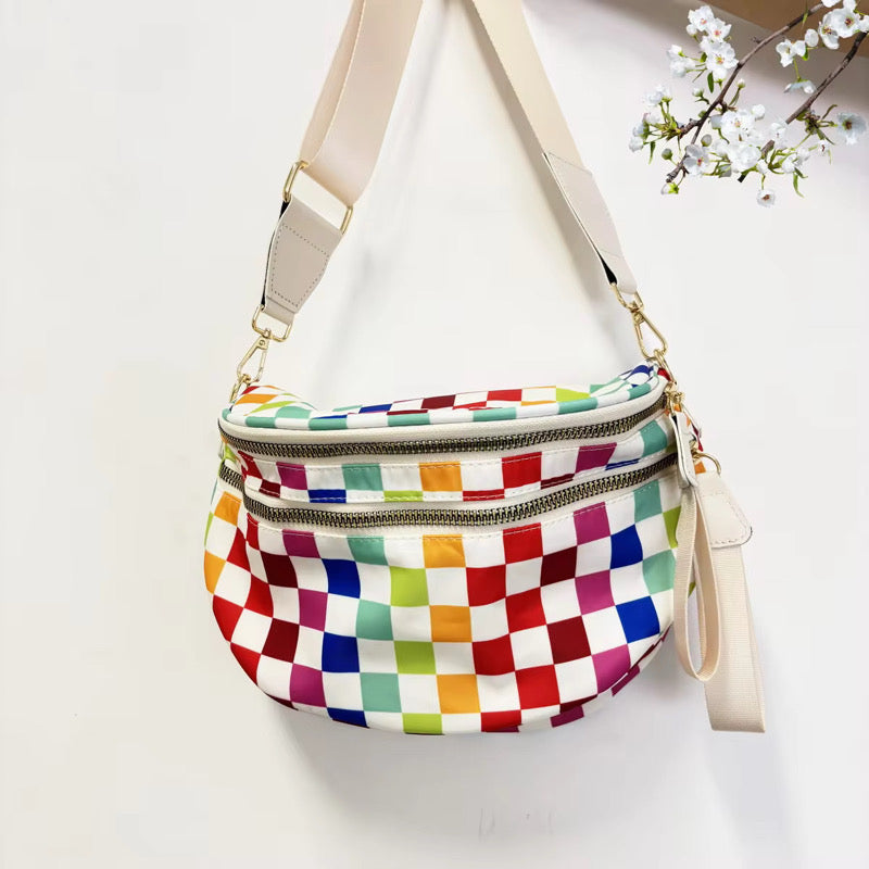 Roni - Nylon Crossbody - Colorful Checkered on White