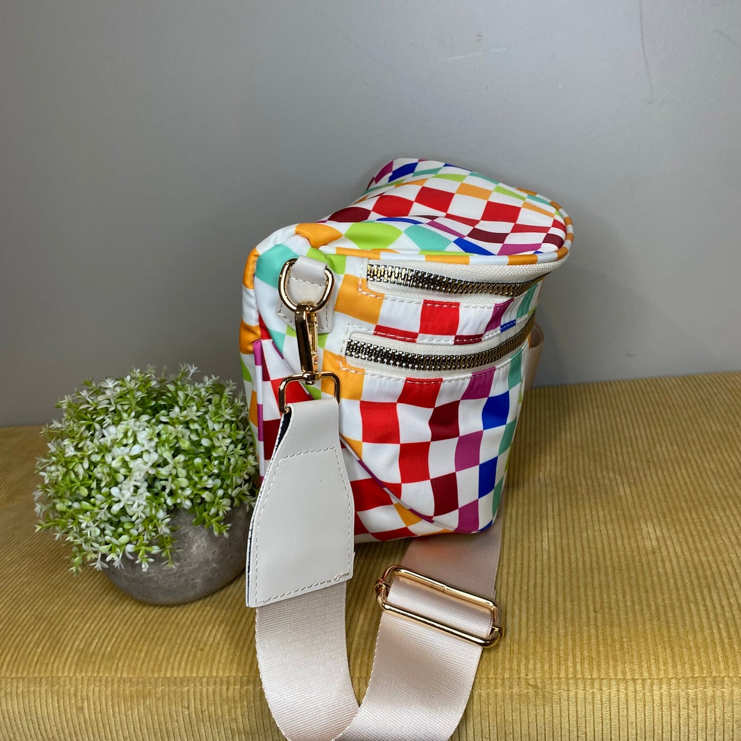 Roni - Nylon Crossbody - Colorful Checkered on White