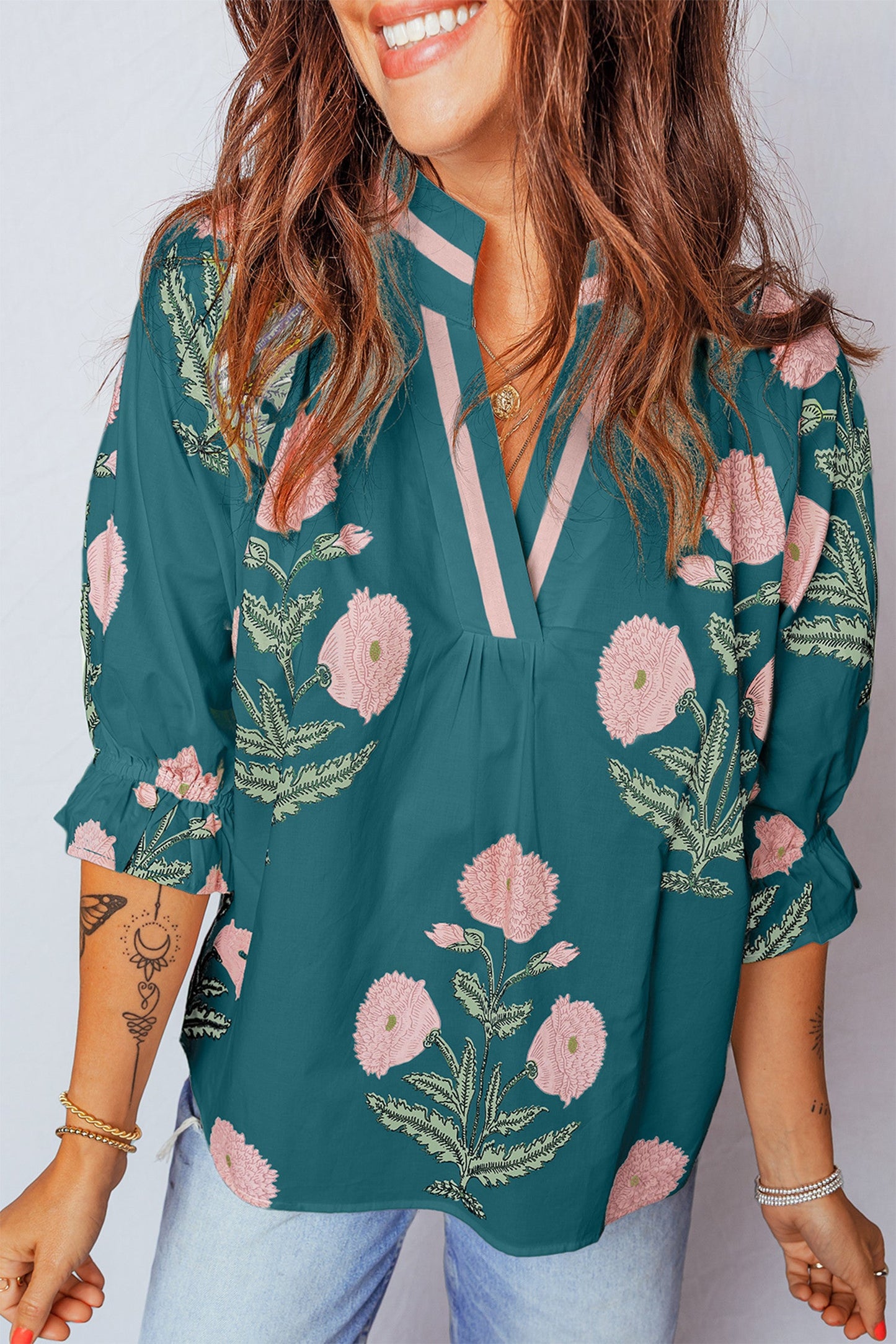 Green Casual Flower Blouse