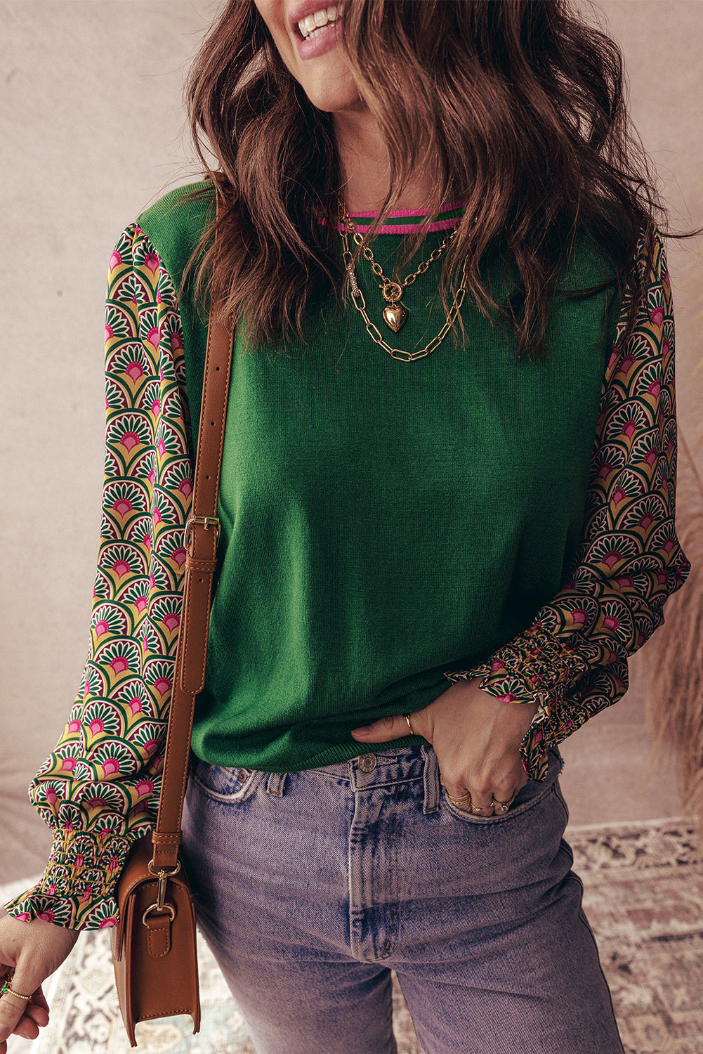 Green Floral Shirred Cuff Top August.