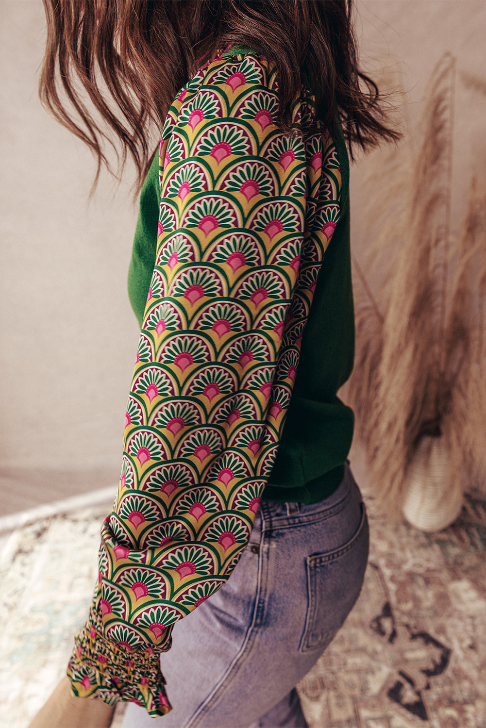 Green Floral Shirred Cuff Top August.
