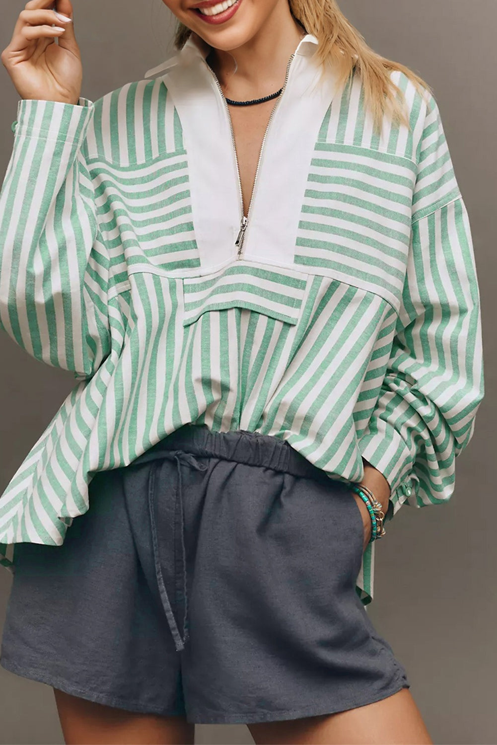 Green Stripe Half Zip Top LT
