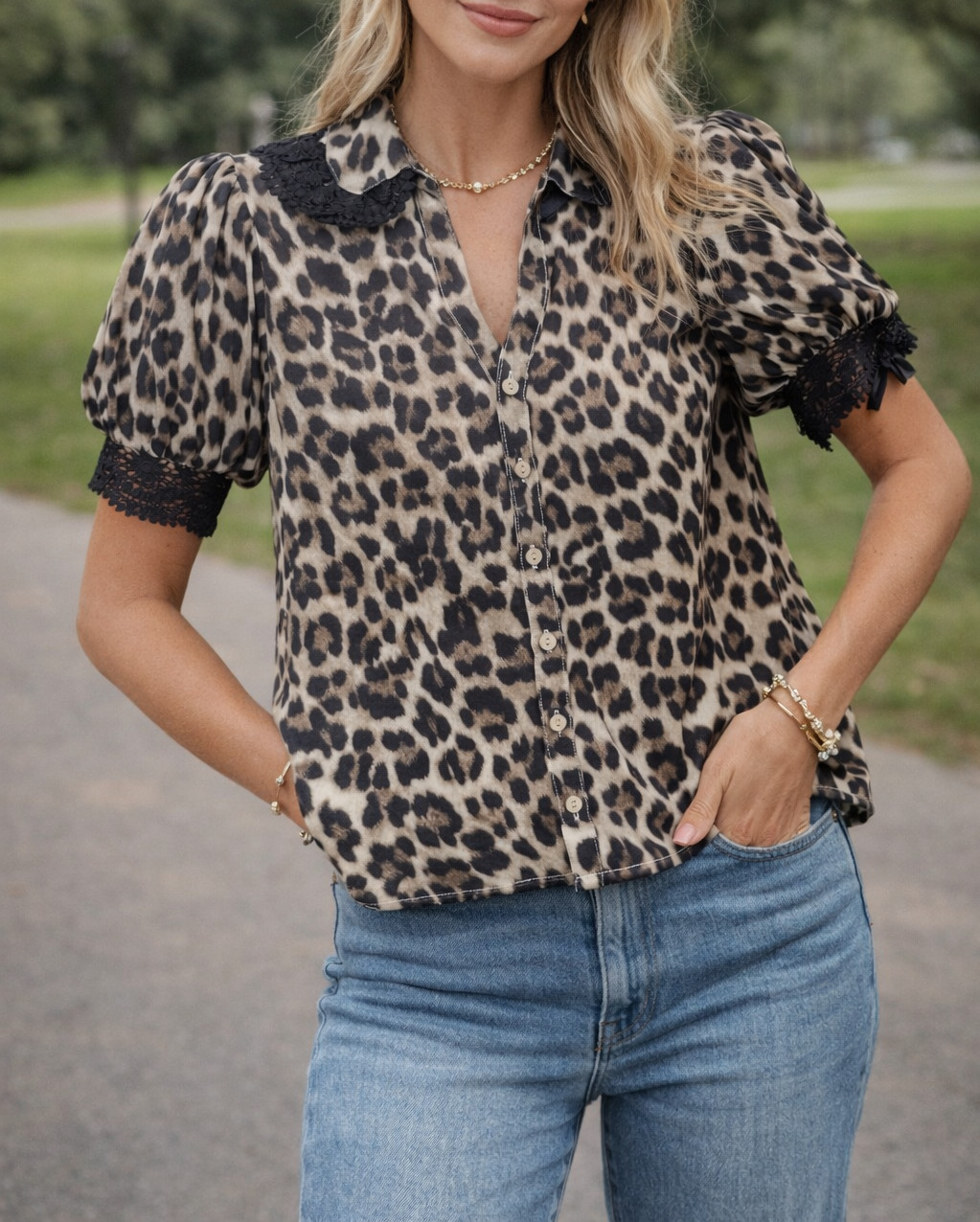Leopard Lace Trim Shirt FB