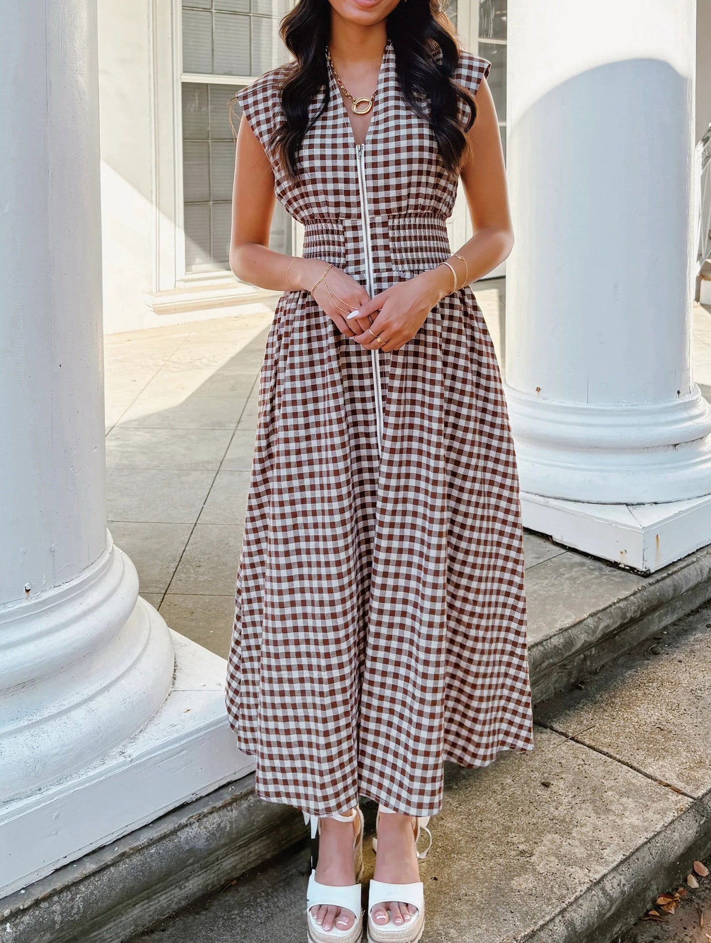 Plaid Zipper Maxi Dress FB