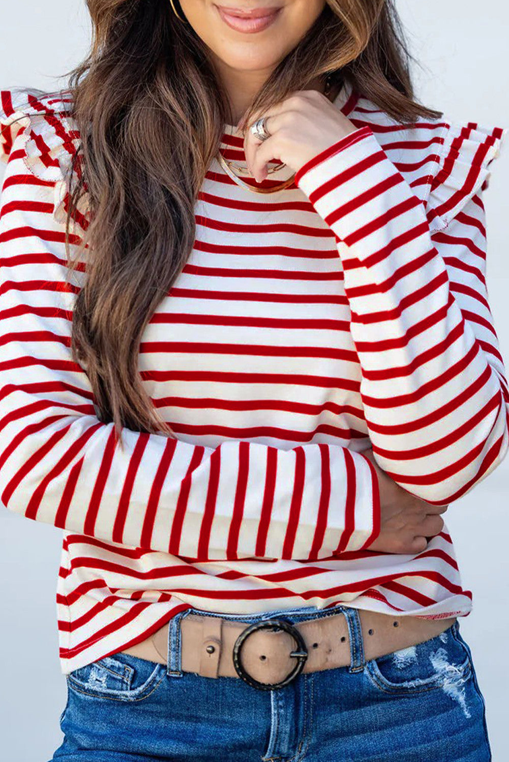 Red Stripe Ruffle Sleeve Top FB