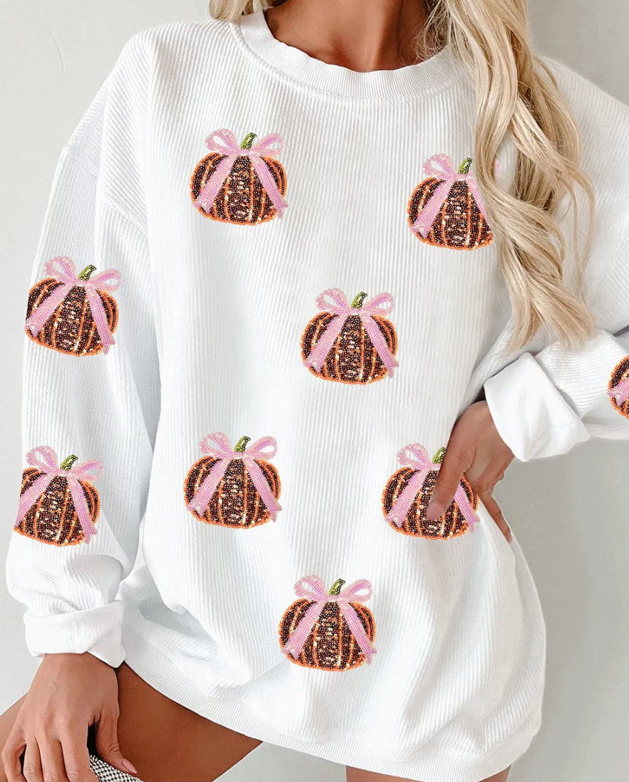 WHITE SEQUIN BOW PUMPKIN RIBBED SWEATSHIRT RTS