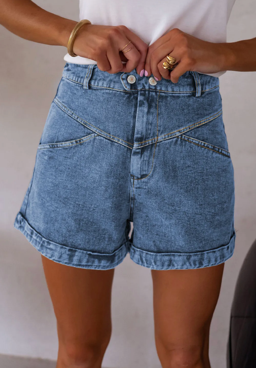 Seam Detail Pocketed Cuffed Hem Denim Bottoms