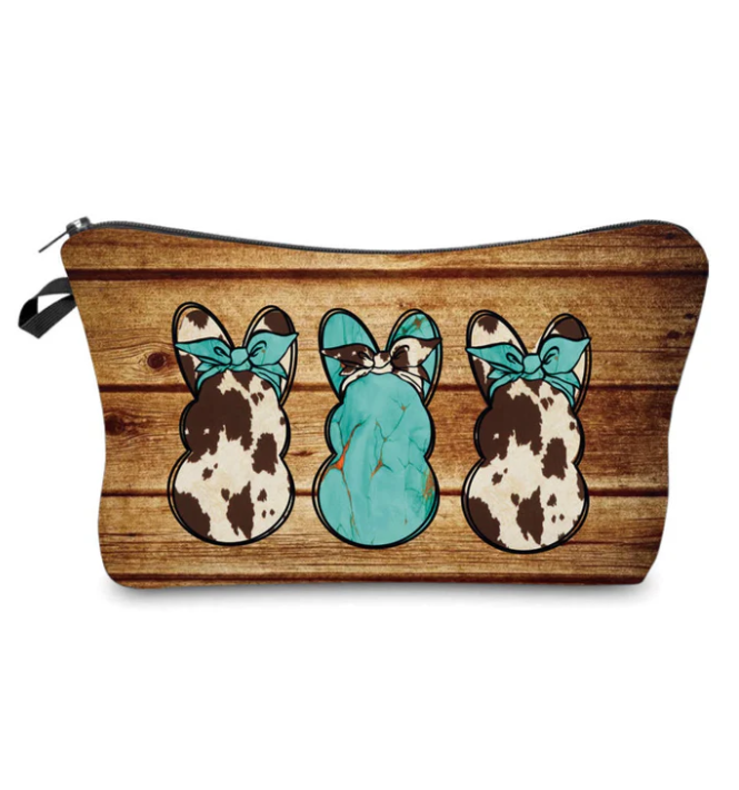 Pouch - Easter - Turquoise Wood Cow Bunnies