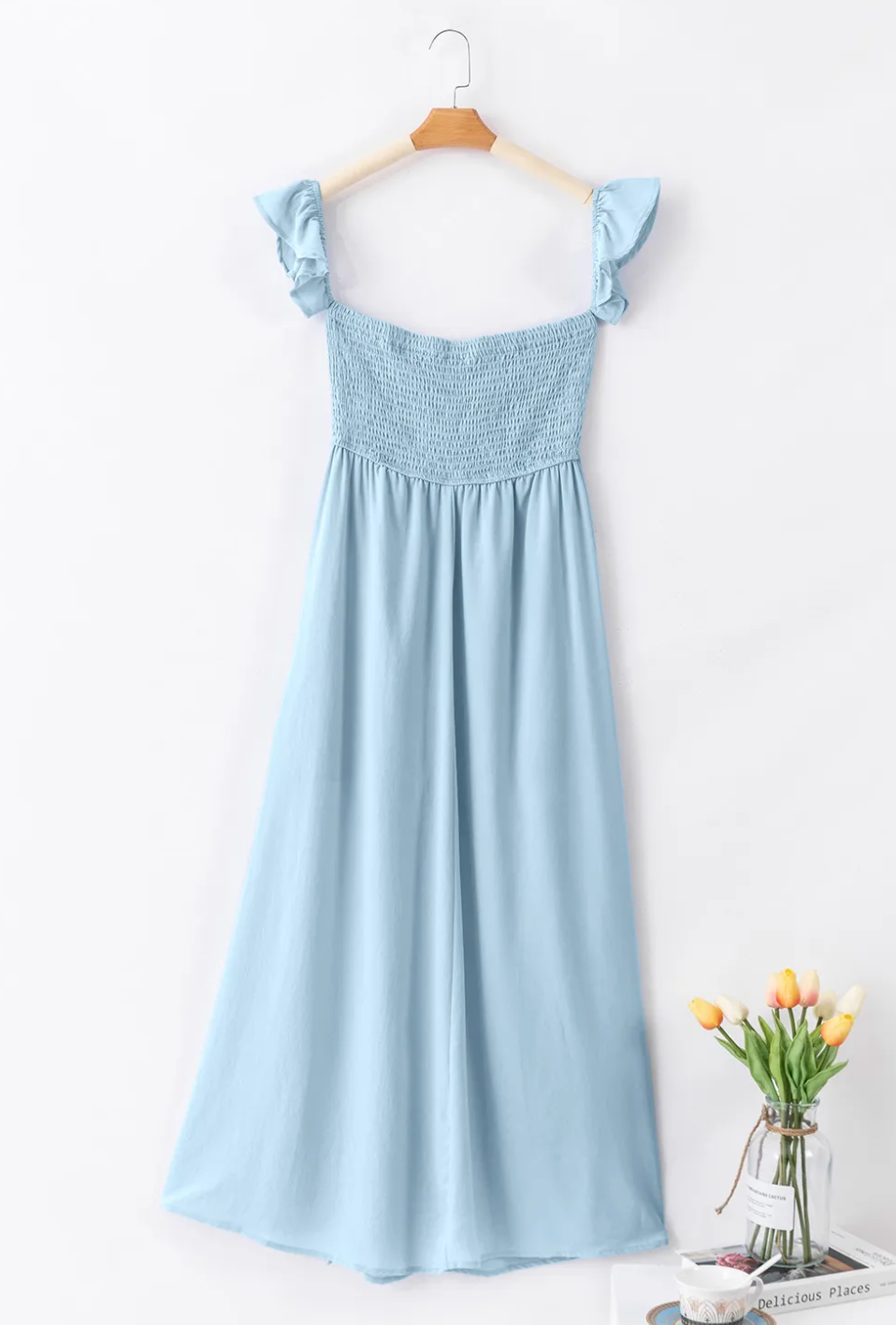 Sky Blue Off Shoulder Ruched Bust Maxi Dress