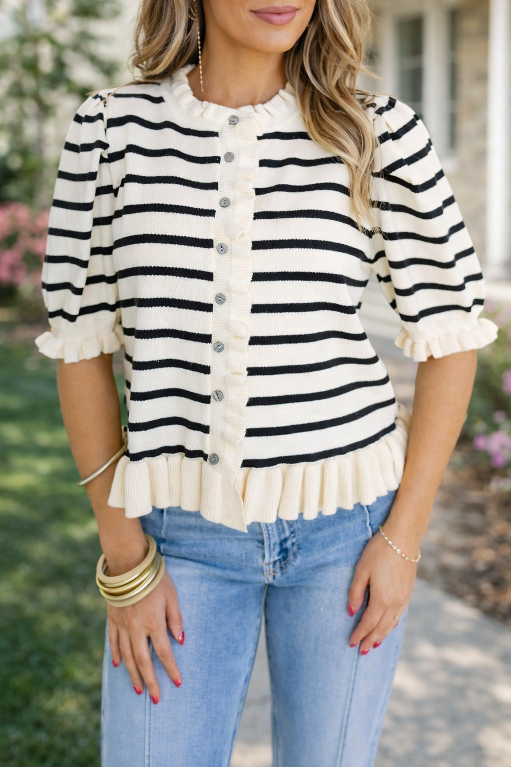 Stripe Ruffle Trim Cardigan RTS