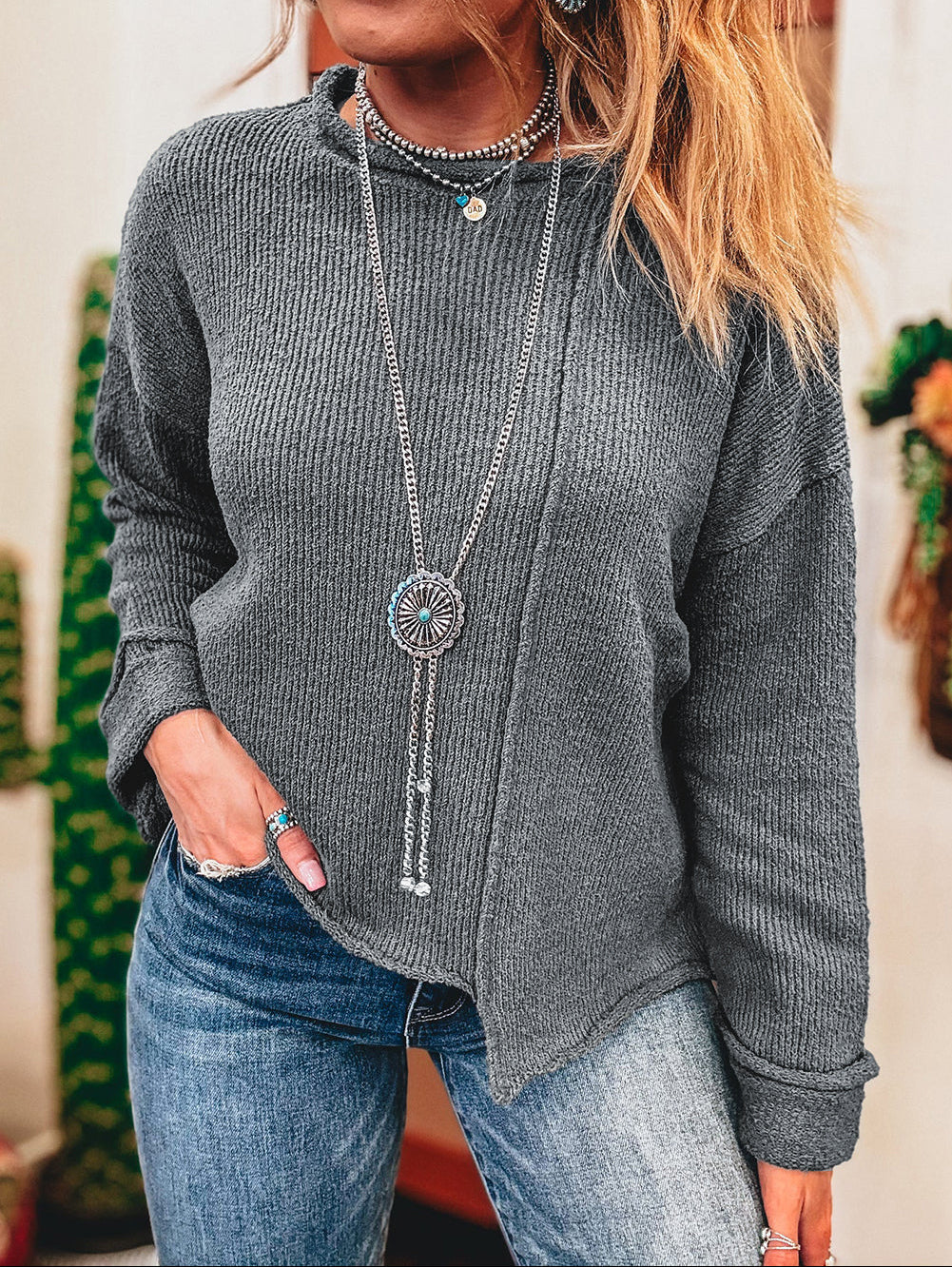 Grey Raw Edge Uneven Hem Sweater August.