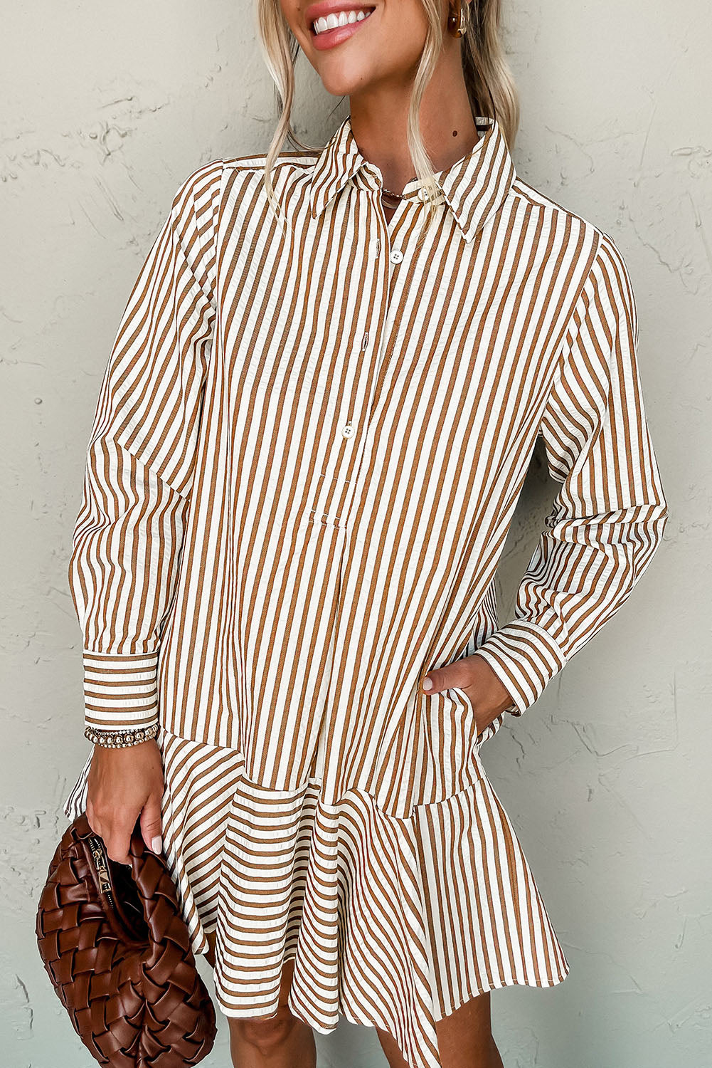 Brown Stripe Ruffle Dress RTS