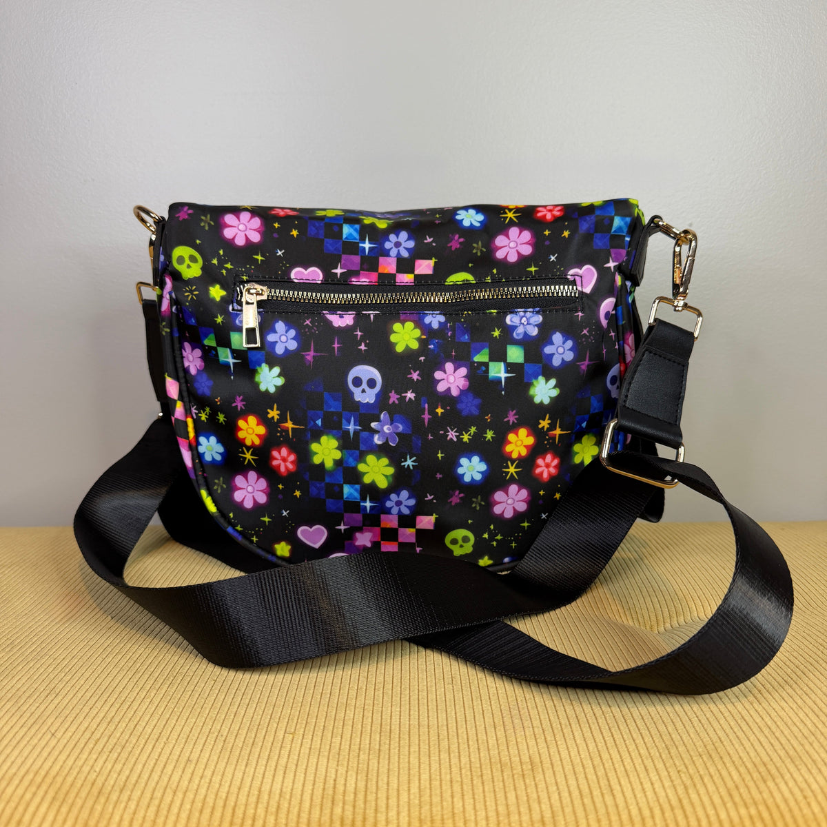 The Roni Nylon Crossbody - Skull Check Floral Star
