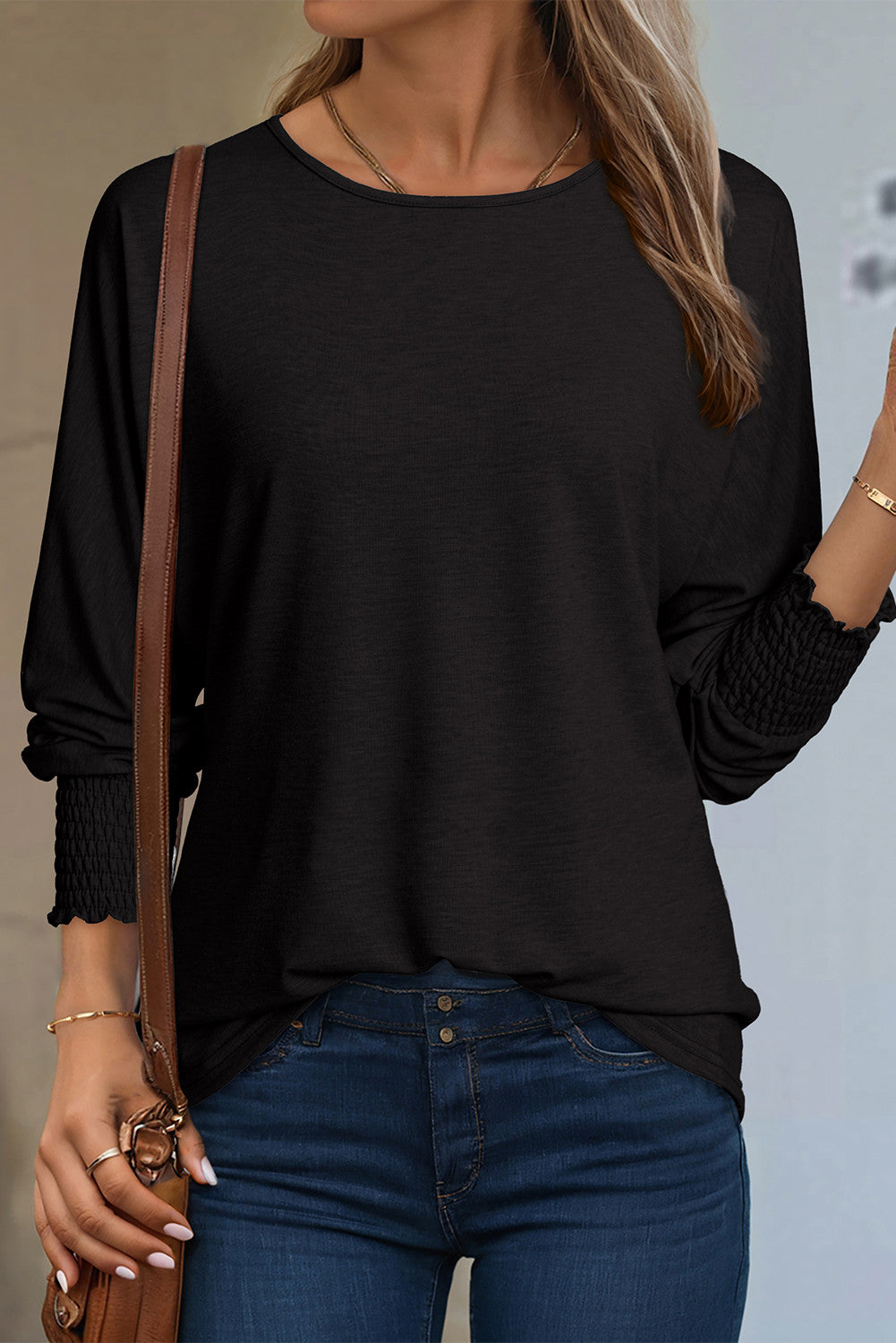 Shirred Cuff Long Sleeve Top FB
