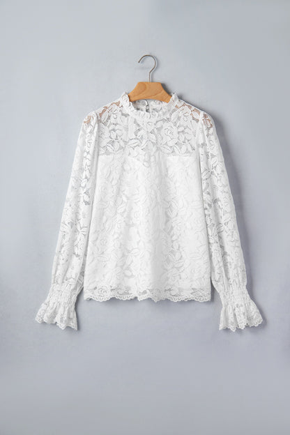 White Ruffled Sheer Lace Blouse