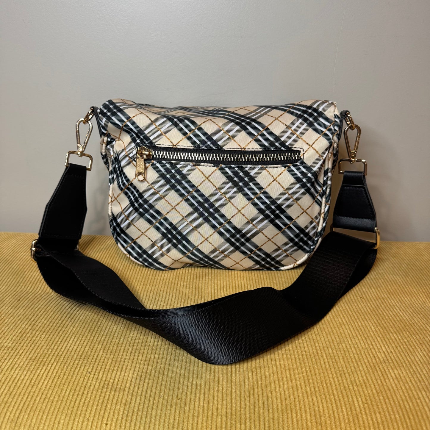 The Roni Nylon Crossbody - Plaid Tan & Gold