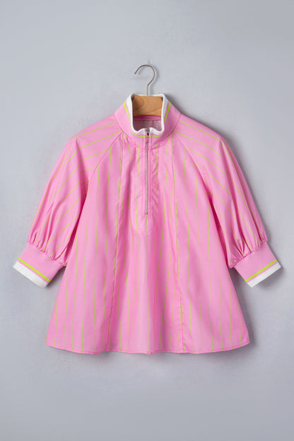 Pink Stripe Zipper Cuff Blouse