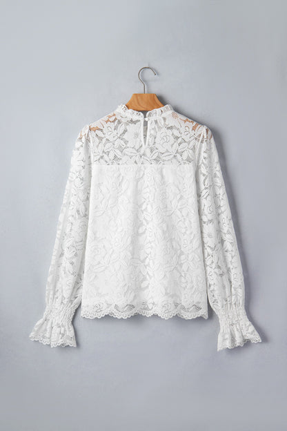 White Ruffled Sheer Lace Blouse