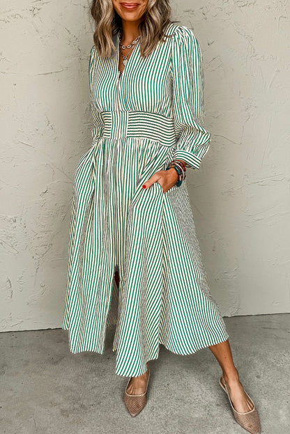 Green Stripe Clinched Midi Dress RTS