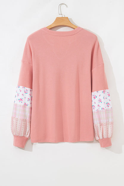 Pink Floral Sleeve Waffle Plus Top September.