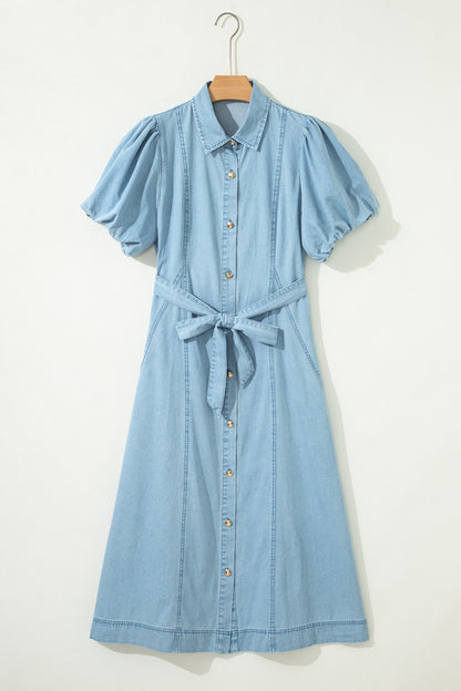 Bubble Sleeve Long Denim Dress