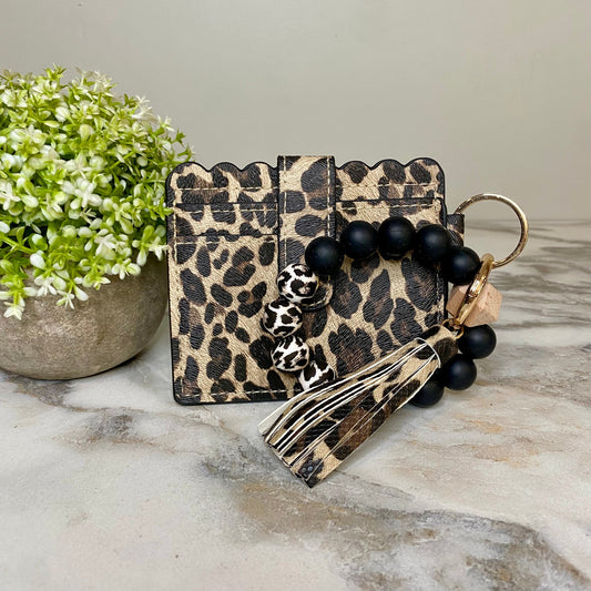 Silicone Bracelet Keychain with Scalloped Card Holder - Canvas Animal Print