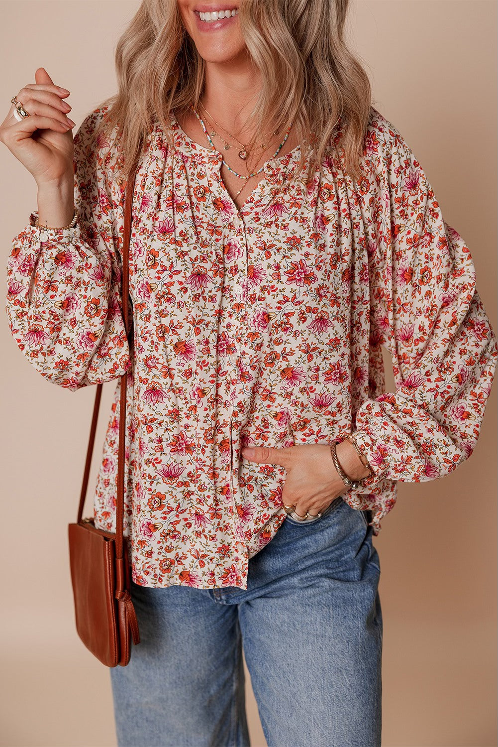Red Floral Pleated Blouse FB