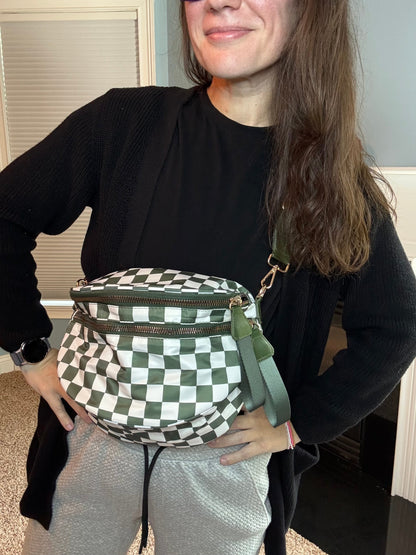 The Roni Nylon Crossbody - Checkered Dark Green