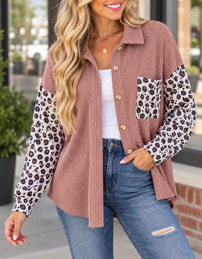 Leopard Ribbed Casual Shacket
