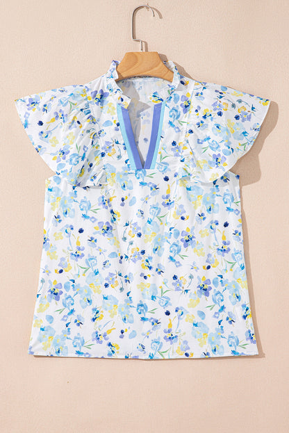 Blue Floral Frilled Blouse
