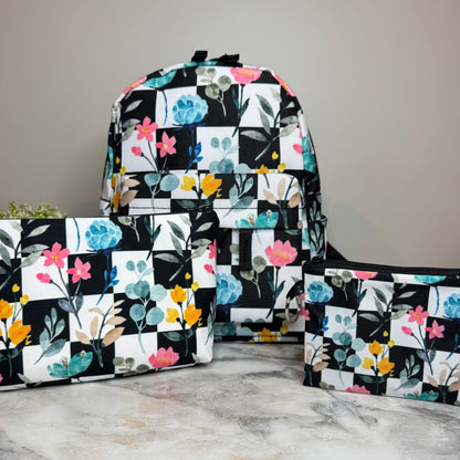Mini Backpack, Pouch, & Mini Pouch Bundled Set - Floral Checker