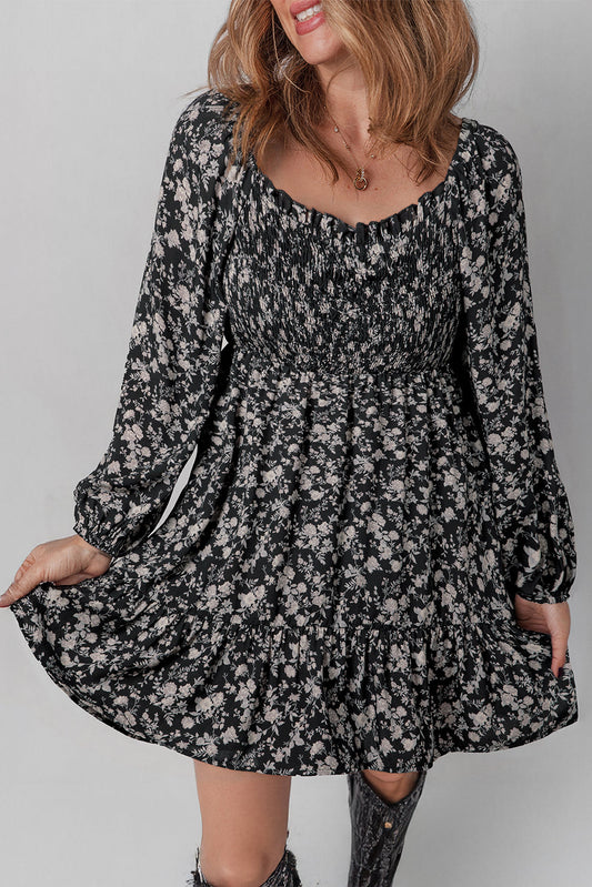 Black Floral Shirred Mini Dress FB
