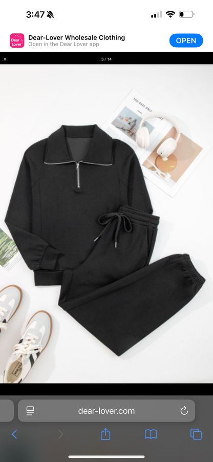 Zip Collar Drawstring Pants Set *two colors* FB