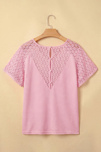 Pink Lace Waffle Knit Blouse