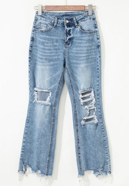 Raw-Hem Ripped Flare Jeans