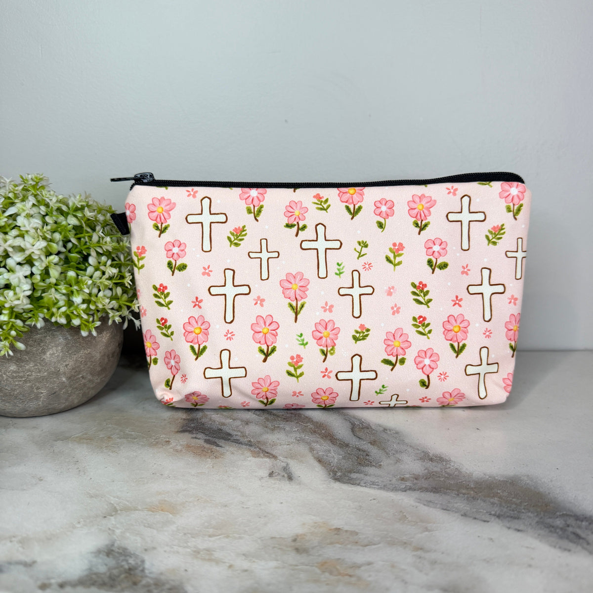 Pouch - Religious Pink Floral Cross