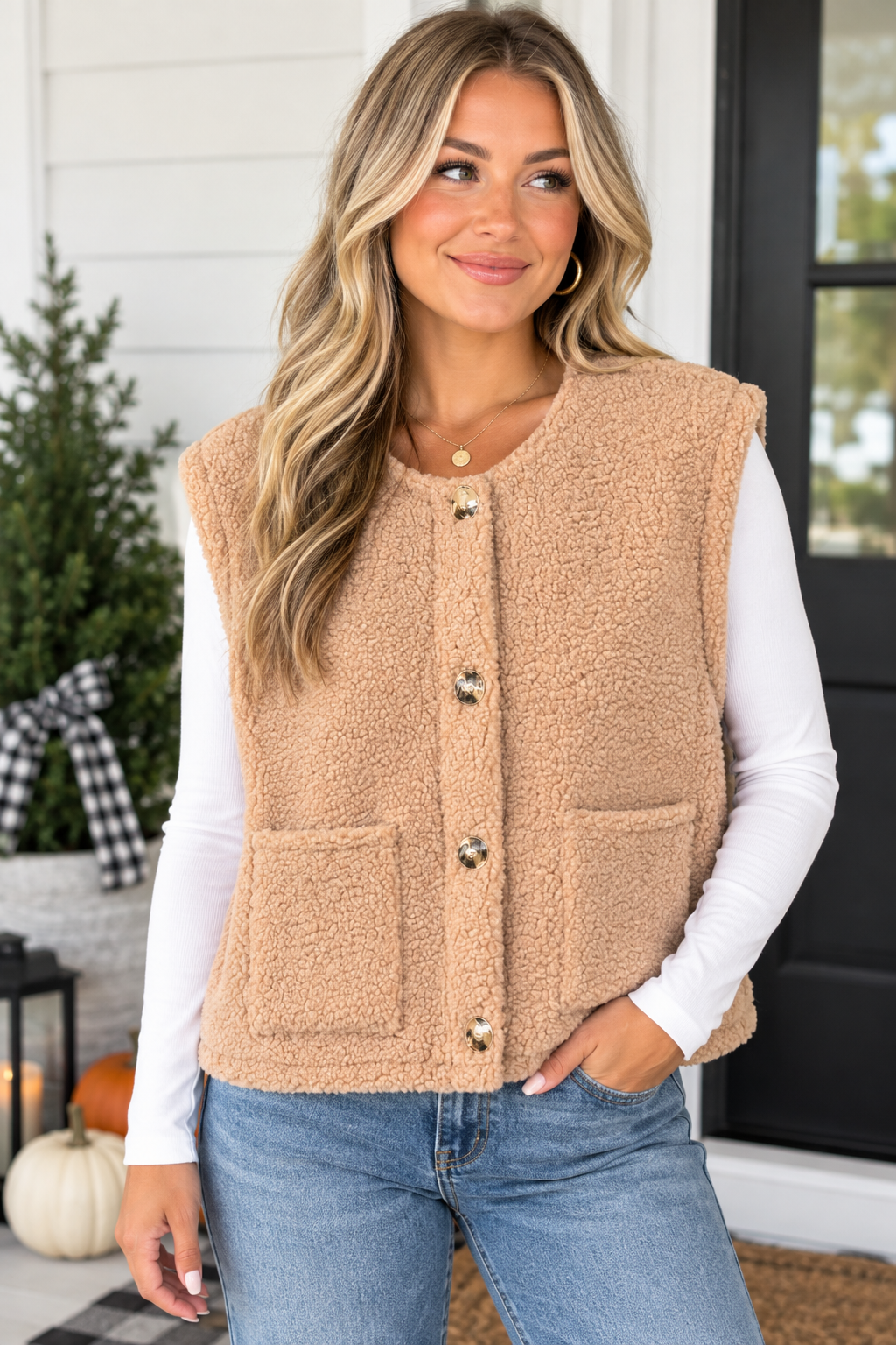 Beige Button Fuzzy Pocket Vest