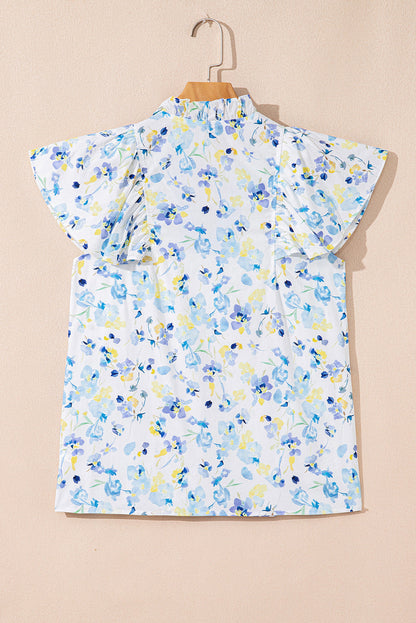 Blue Floral Frilled Blouse