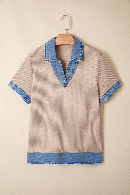 Beige Ribbed Denim Collar Blouse RTS