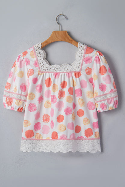 Pink Polka Dot Square Neck Blouse