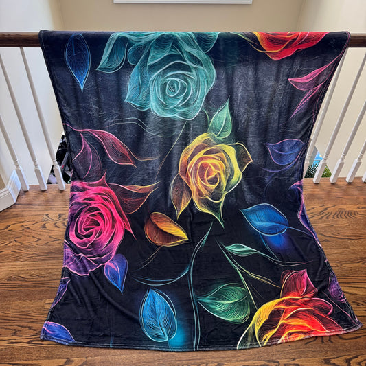 Blanket - Floral Colorful Roses on Black