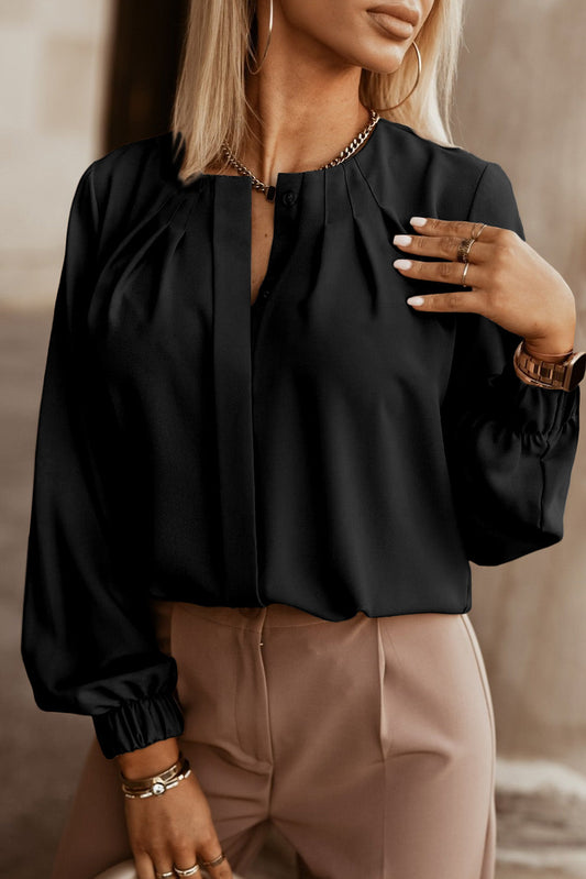 Black Gathered Cuff Blouse FB